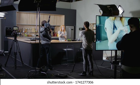 WIDE Behind the scenes of studio set, shooting TV television cooking show featuring celebrity chef, professional TV production - Shutterstock ID 1741277306