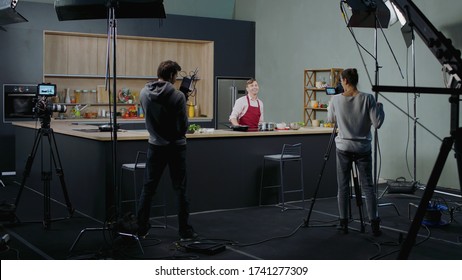 WIDE Behind The Scenes Of Studio Set, Shooting TV Television Cooking Show Featuring Celebrity Chef, Professional TV Production