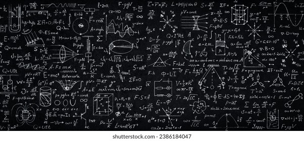 Wide blackboard inscribed with scientific formulas and calculations in physics, mathematics and electrical circuits. Science and education background. - Powered by Shutterstock