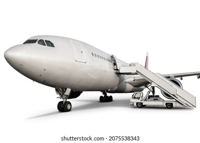 Wide Body Passenger Airplane With Boarding Ramp Isolated On White Background