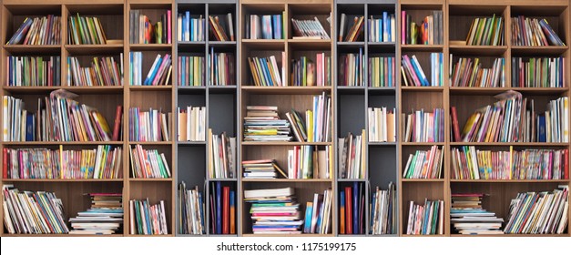 Wide book shelves with blurry effect on book cover - Shutterstock ID 1175199175