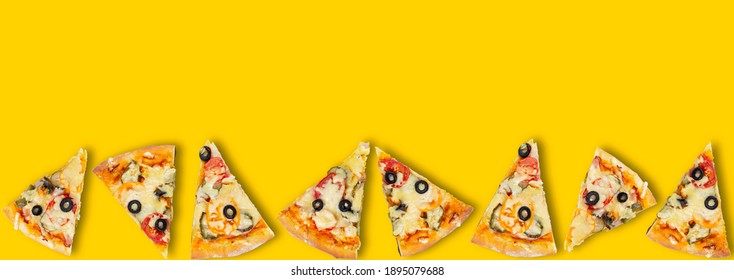 Wide border with slices of pizza on a yellow background. Concept for a banner or flyer for a restaurant or fast food, pizza delivery. Top view, flat lay.