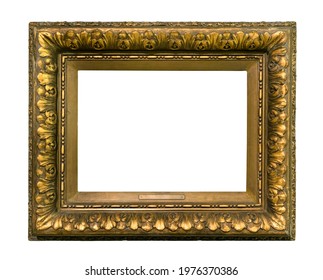 wide bronze wooden picture frame with nameplate and blank canvas cutout on white background
