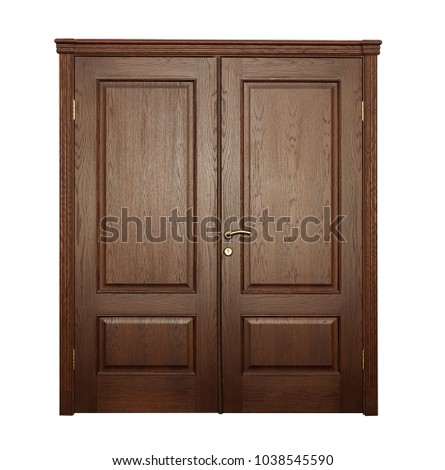 Wide closed brown door isolated on white background.