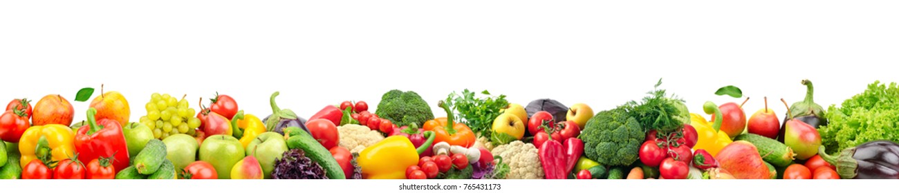Wide collage of fresh fruits and vegetables for layout isolated on white background. Copy space - Shutterstock ID 765431173
