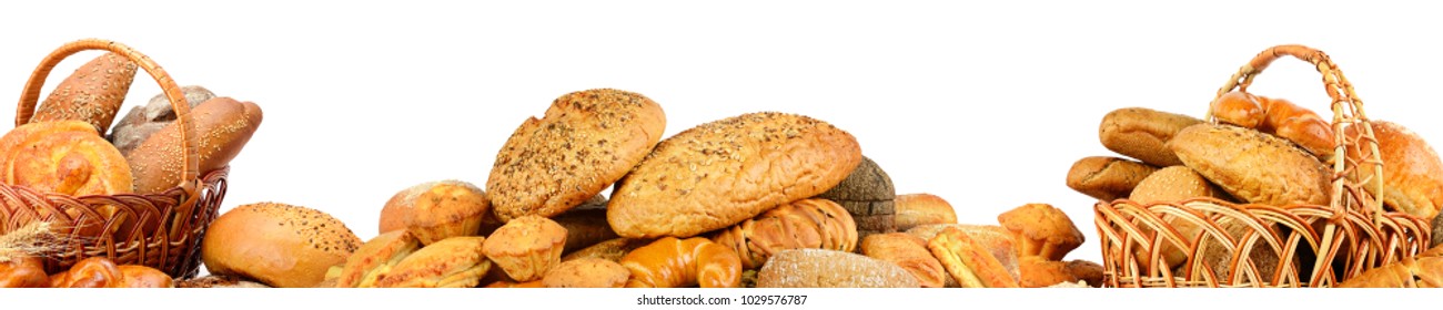 Wide Collage Freshly Baked Bread Items Isolated On White Background.