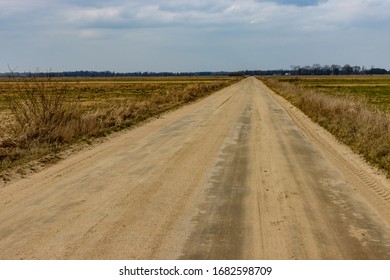 Wide Dirt Road Going Through Drained Wetland Pulwy. Rural Landscape Near Grady Polewne Village, Poland. Empty Road In Nature Environment.