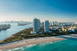 Wide Drone Shot Of The Port Of Miami Florida During A Bright Sunny Day. Miami Beach, Wonderful Aerial View Of Buildings, River And Vegetation. Panorama View Of Miami Beach, South Beach, Florida, USA.