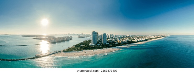 wide drone shot of the port of miami florida during a bright sunny day. Miami Beach, wonderful aerial view of buildings, river and vegetation. Panorama view of Miami Beach, South Beach, Florida, USA. - Powered by Shutterstock