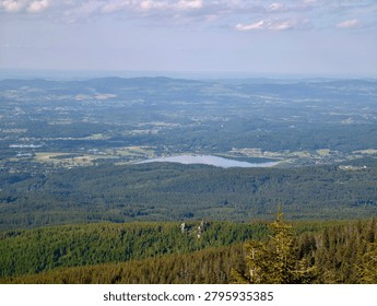 Wide elevated view across layered green hills, dense conifer forest, and a calm lake in the distance under a bright cloudy sky with soft summer daylight