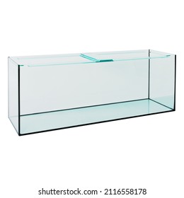 Wide empty rectangular glass aquarium on white background. Clear glass indoor aquarium. Closeup.