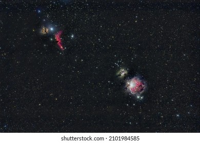 wide field of Orion Nebula M42 or NGC 1976 with flame nebula NGC 2024 and horse head IC 434 emission nebula on the starry night sky