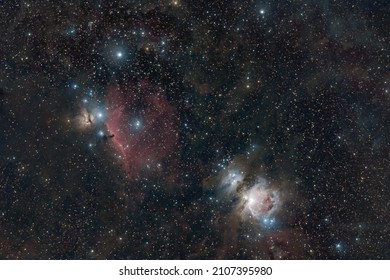 wide field of Orion Nebula M42 or NGC 1976 with flame nebula NGC 2024 and horse head IC 434 emission nebula on the starry night sky