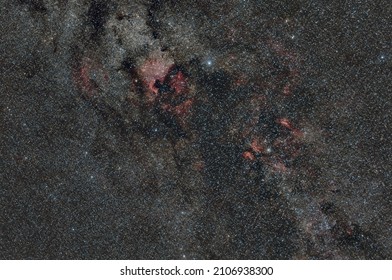 Wide field star constellation of swan with North America nebula or NGC 7000 with Deneb and emission nebulae at region of Sadr
