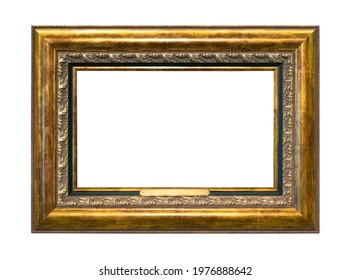 wide gilded wood picture frame with nameplate and blank canvas cutout on white background