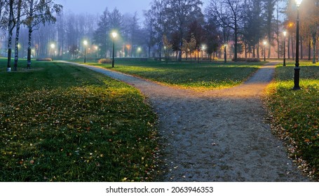 A wide hiking trail divides into two paths leading in different directions, illuminated by electric street lights at dusk. Conceptual night landscape.