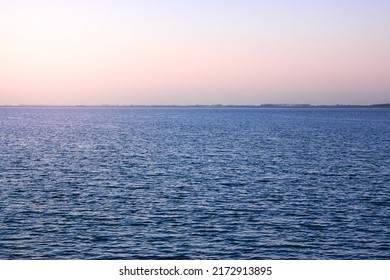 Wide Horizon Of Sea And Sky. Sunset Seascape. Calm Open Sea Ocean. Sunset Evening