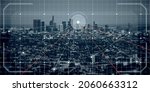 Wide image of abstract city background with digial grid and mesh. Web, network, map and information concept. Double exposure