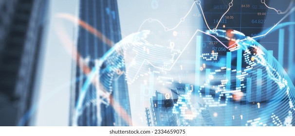 Wide image of office workplace with device and globe forex chart on creative blurry city backdrop. Landing page background, trade, success and finance concept. Double exposure