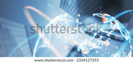 Wide image of office workplace with device and globe forex chart on creative blurry city background. Landing page background, trade, success and finance concept. Double exposure