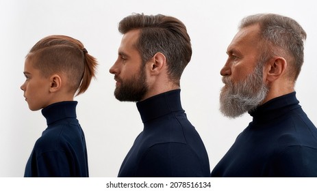 Wide image side face view of three generations of men in row isolated on white studio background. Little boy child with young Caucasian father and old grandfather show offspring descendant line. - Shutterstock ID 2078516134