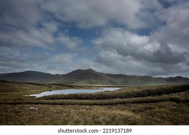 Wide Landscape Around Lough Gar, County Mayo, Ireland.Traces Of Turf Cutting Are Visible On The Shores Of The Lake.