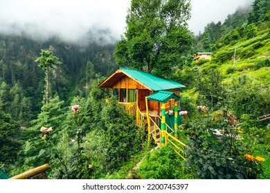 wide landscape of beautiful treehouse in the cedar forest of Jibhi surrounded by greenery and moody clouds