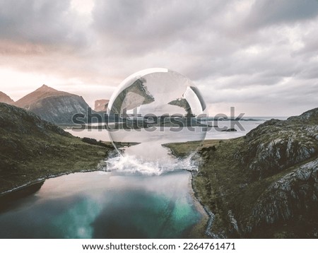 Similar – Man sitting on a cliff of a fjord with low sun on the European Arctic Ocean