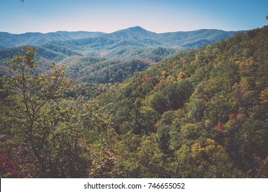 Wide Landscape Of Trees And Mountains In Smoky Mountains National Park In Tennessee