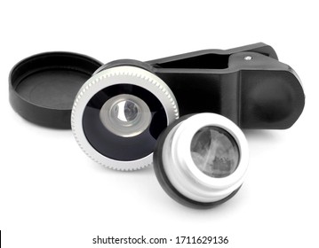 Wide Lens For Cell Phone Camera And Clip Isolated On White Background