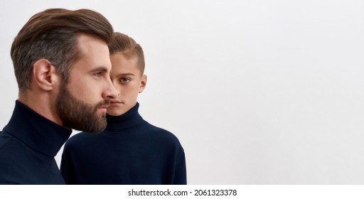 Wide Narrow Image Portrait Of Two Male Generations Father And Son Isolated On White Studio Background. Small Teen Boy Child Look At Camera, Young Caucasian Dad Side Face. Descendant.