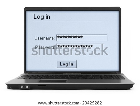 wide notebook with log in screen on white, gentle natural shadow in front