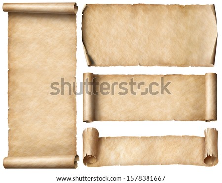 Wide old paper scrolls or banners set isolated on white