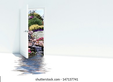 Wide Open Door With Waterfalls In Rock Garden View