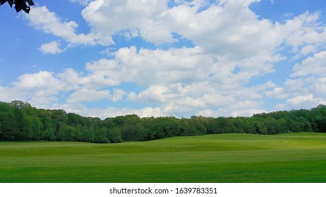 A Wide Open Field With Trees And A Blue Sky