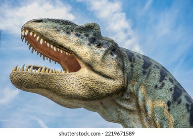 The wide open mouth with sharp teeth of the model of a predatory dinosaur - Shutterstock ID 2219671589
