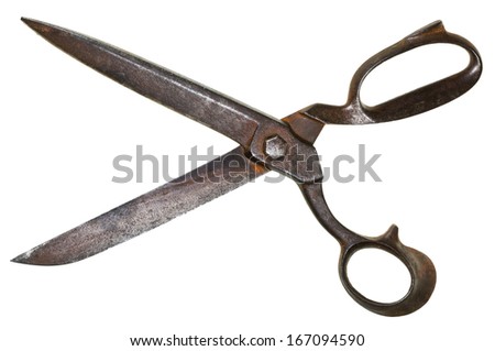 wide open old tailor shears isolated on white background