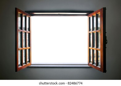 Wide open rustic wooden window with empty white space in the middle