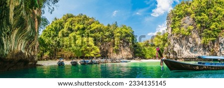 Wide panorama beautiful nature scenic landscape Lao lading island beach with boat for traveler, Attraction famous landmark tourist travel Phuket Thailand summer vacation trip, Tourism destination Asia