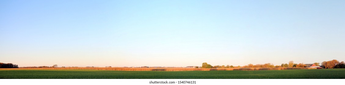 Wide Panorama Of A Field Which Has Corn In The Second Level, Blue Sky, Sunshine From The Morning Sun Making It Glow. Broad Horizon.