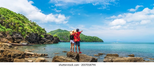 Wide panorama happy couple traveler on beach joy fun nature view scenic landscape island, Adventure attraction tourist travel Thailand summer holiday vacation trip, Tourism beautiful destination Asia