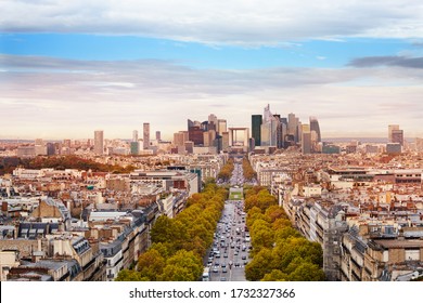 Wide Panorama Of La Defense Paris City District And Suburbs From Arc De Triumph