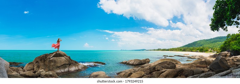 Wide Panorama Traveler Woman In Dress Stand On Rock Joy Nature Scenic Landscape Sichon Beach, Panoramic View Tourist Travel Thailand Summer Holiday Vacation, Tourism Beautiful Destinations Place Asia