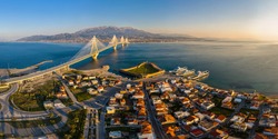 Wide Panorama Of World Famous Cable Suspension Bridge Of Rio - Antirio Harilaos Trikoupis, Crossing Corinthian Gulf, Mainland Greece To Peloponnese, Patras