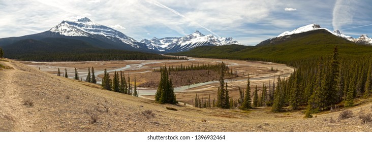 Wide Panoramic Landscape Scenic View Of Howse River Flats, Historic Canadian Rocky Mountains Fur Trade Route, Alberta Canada