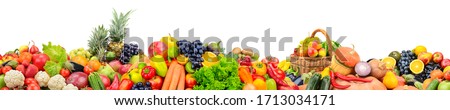 Wide panoramic photo fruits, vegetables, berries for your layout isolated on white background