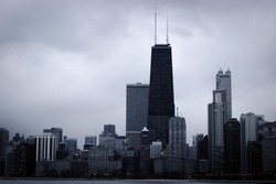 Wide Panoramic View Of Chicago Skyline On A Cloudy Day, As Seen From The Lakefront Trail.