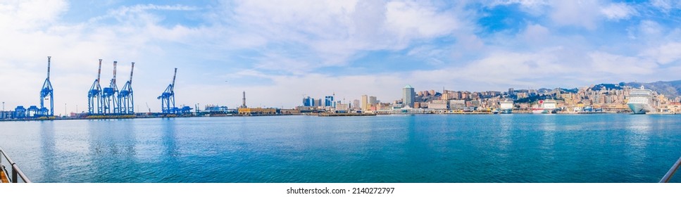 Wide Panoramic View Of The City Of Genoa Skyline From The Sea HDR