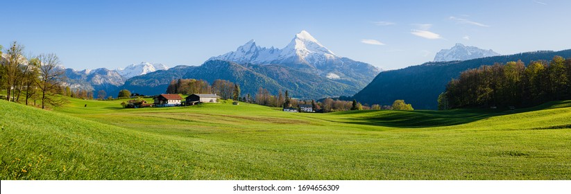 Wide panoramic view of idyllic alpine mountain scenery with blooming flowers in fresh green meadows around rural farm houses and snowcapped mountain peaks on a beautiful day with blue sky in spring - Powered by Shutterstock