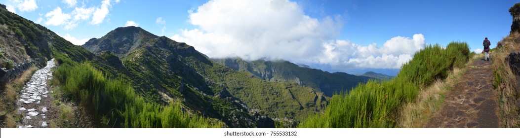 Wide Panoramic View Of Madeira Island. Pathway With Woman Walking. 180 Degree Photography